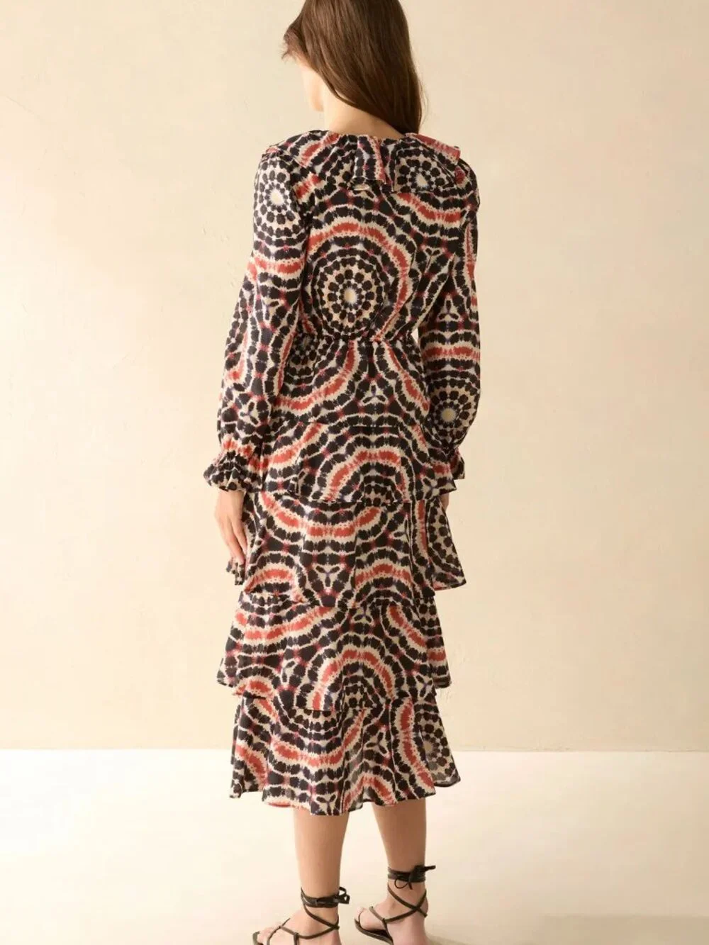 MARIE OLIVER Blythe Midi‎ Dress in Mandala Tie-Dye maxi Flowy tiered ruffles V